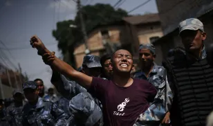 China Katmandu Nepal pro-Tibetan demonstrator screams "Free Tibet"