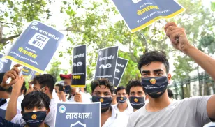 Activists gather in New Delhi to protest the Indian government's use of Pegasus, and other spyware, to monitor citizens. Image credit: Ajay Aggarwal/ Hindustan Times via Getty Images