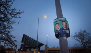 A poster promoting the opposition United Hungary alliance prior to the nation’s parliamentary elections