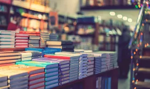 books stacked in a book store