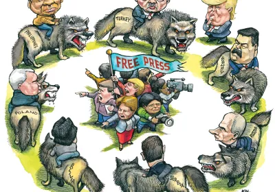 Cartoon by KAL showing a free press surrounded on all sides by authoritarian leaders