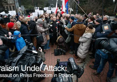Members of the opposition hold a press conference outside the Polish parliament after lawmakers blocked a budget proposal that included limits on access to free information and politicians' media access. (Photo by Jaap Arriens/NurPhoto via Getty Images)