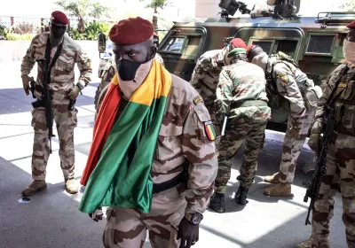 Members of Guinean coup leader Colonel Mamady Doumbouya's special forces arrive ahead of a meeting with representatives of the Economic Community of West African States. (Image credit: John Wessels/AFP via Getty Images)